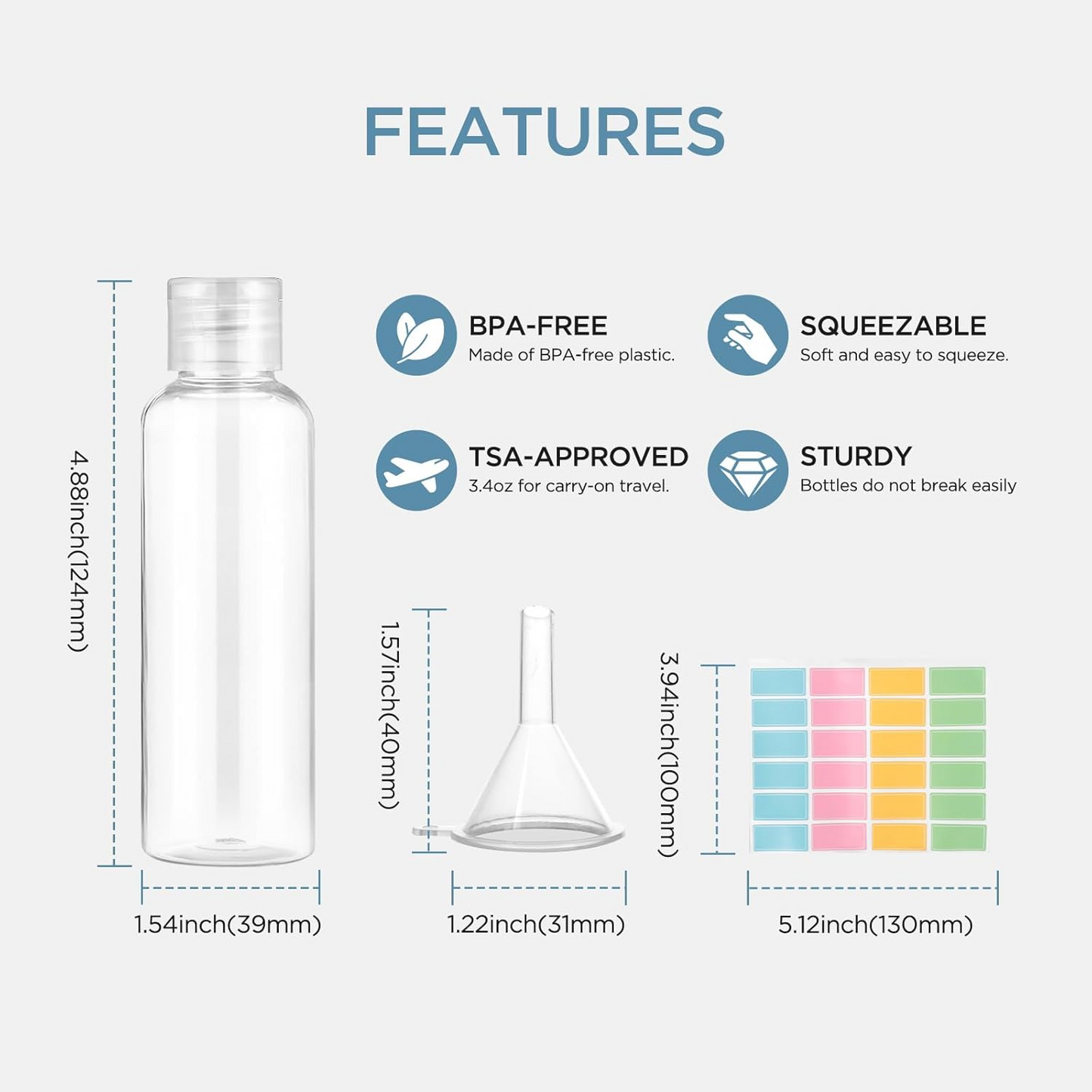 Travel Bottle Set, whimdeco 100ML Travel Bottles for Filling Travel Set with Small Funnel Travel Bottles for Filling Plastic Bottles Empty Flight Bottle Travel Set Cosmetics Empty Travel Bottles