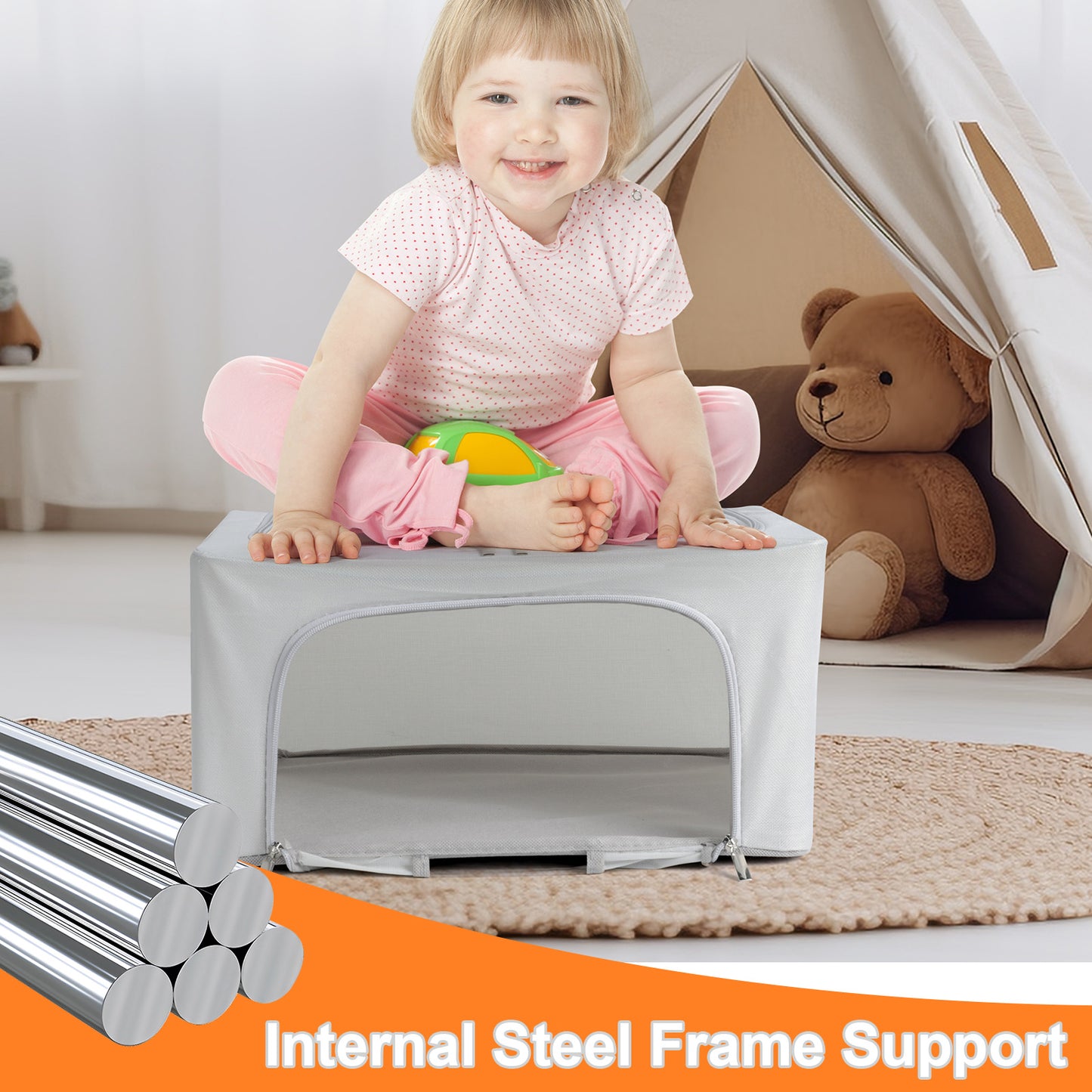 whimdeco 24L Stackable storage box 2 Pcs , with Zipper, Metal frame, Clear Window, Oxford Fabric Protect from Dust, for Clothes, Bedding, Comforters - 40 x 30 x 20 cm